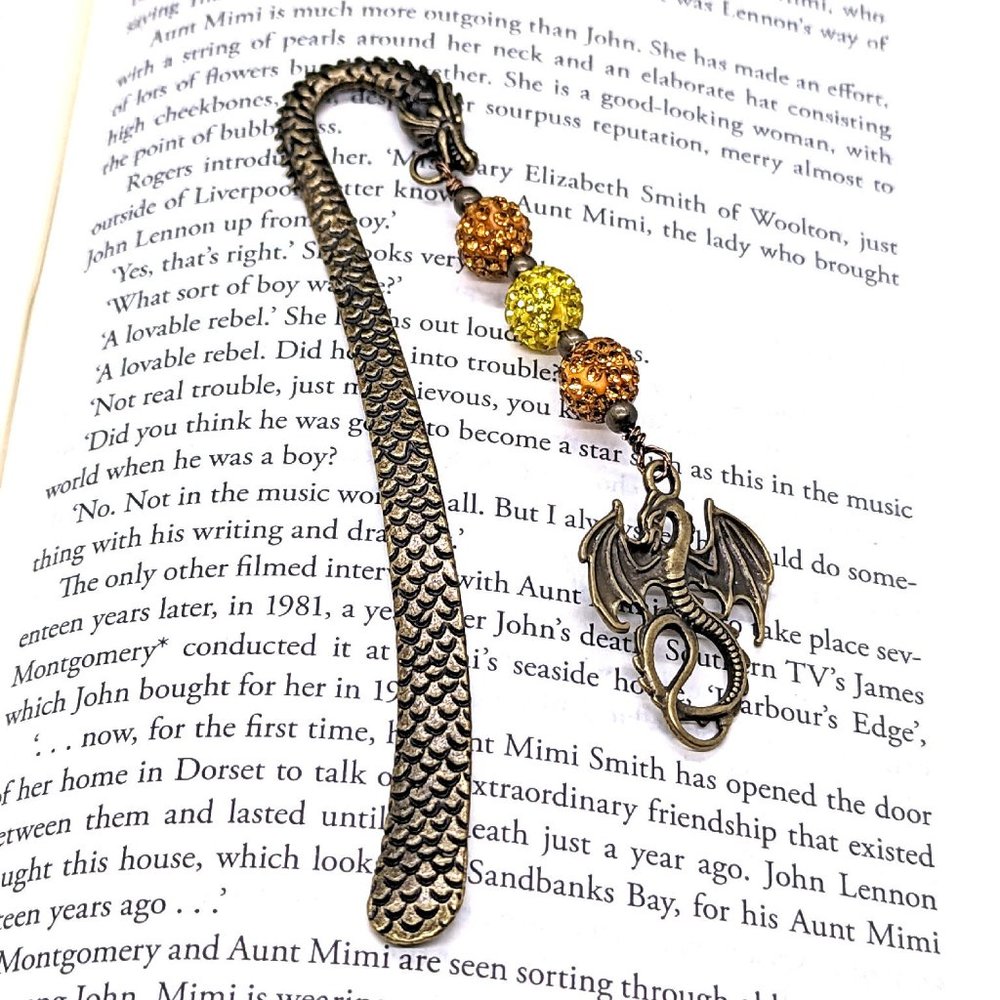 Bronze Dragon Metal Bookmark with Sparkly Pave Beads and Dragon Charm